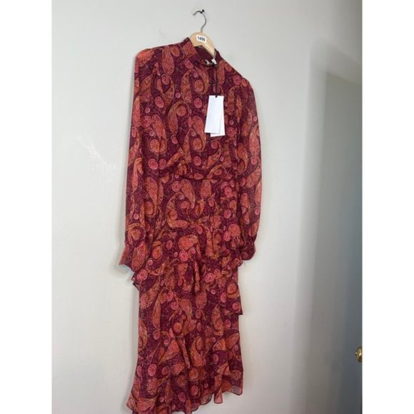 NWT Saloni High Neck Isa Silk Georgette Tiered Ruffle Midi Dress Size: 0 - Picture 3 of 7
